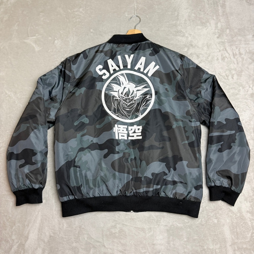 Dragon Ball Z Goku Saiyan Bomber Jacket Men 2X Gray Camo Zip Anime Streetwear EC